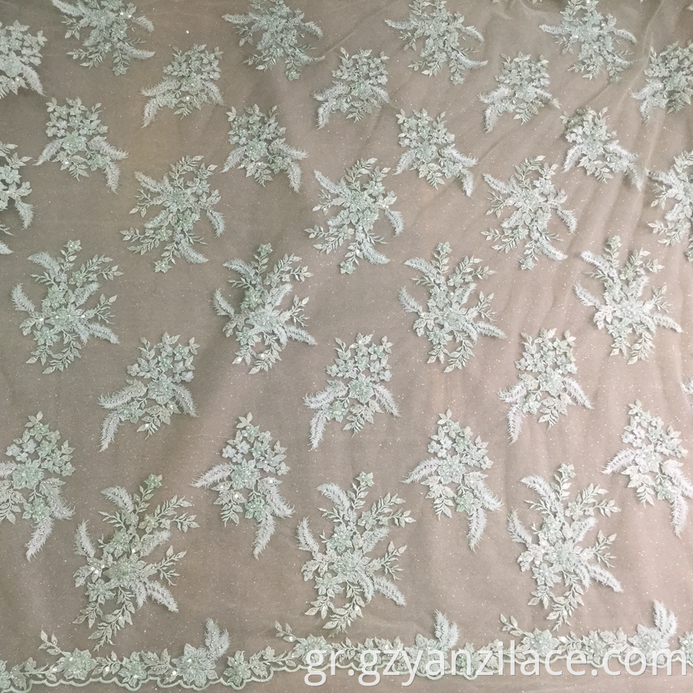Mint Hand Beaded Embroidery Lace Fabric